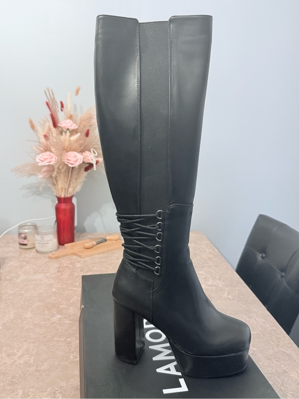 Tall Black Lamoda Platform Knee-High Boots with Lace Detail - Women's -brand new